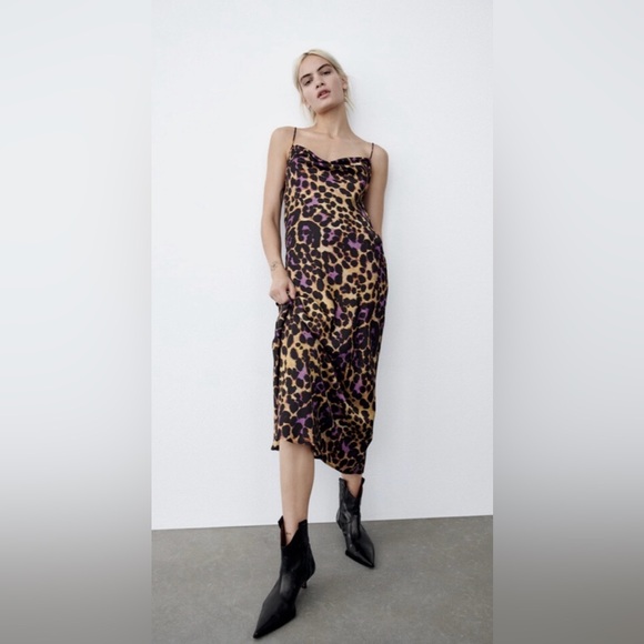 Zara Dresses & Skirts - Zara Satin printed slip lined Dress with a Leopard Black, Purple, Brown print.